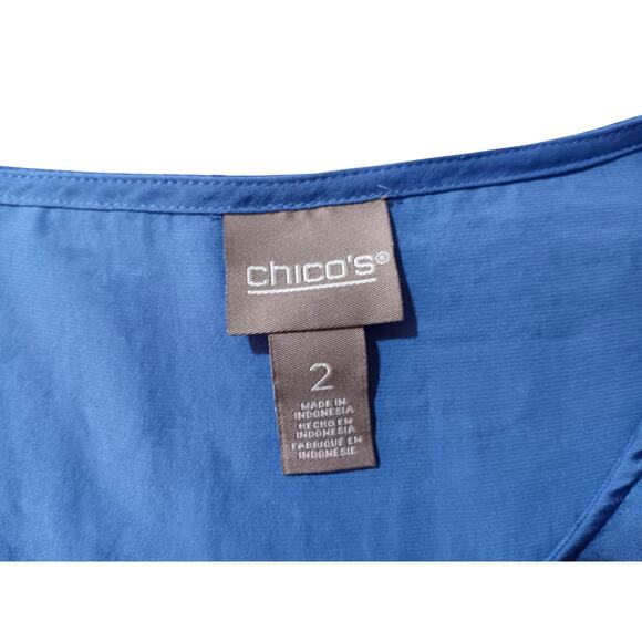 CHICO'S 2 Blouse Top Light Satin Front Panel Flowy LG Periwinkle Blue 3/4 Sleeve - Picture 5 of 9
